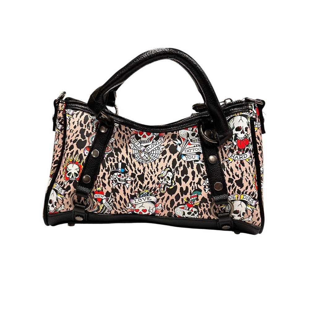 Ed Hardy Leopard Tattoo Print Rhinestone Satchel Bag NWT Skull Bling Y2K Small - Picture 3 of 9